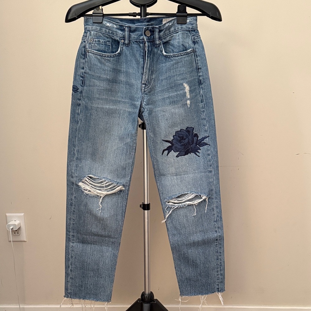 All Saints Blue Distressed Cropped Jeans with Floral Patch, size 25